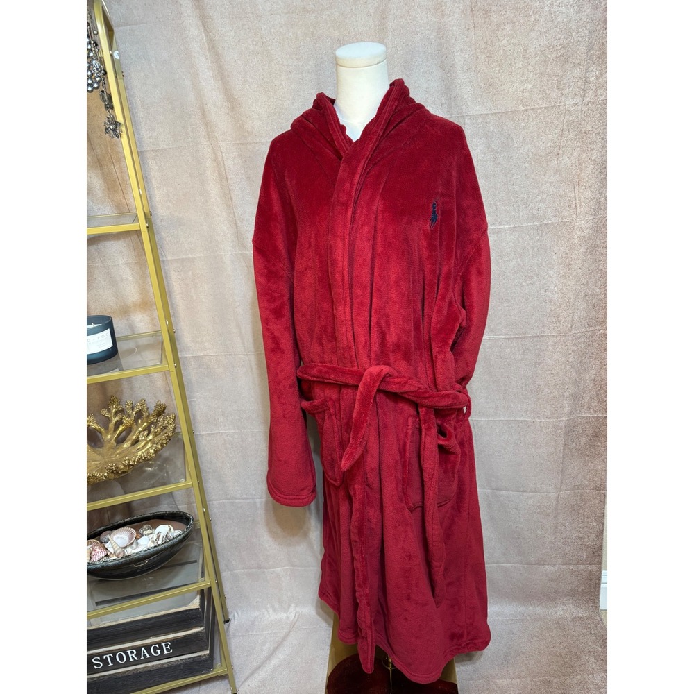Polo Ralph Lauren Red Fleece Hooded Bathrobe Women L/XL‎ Navy Pony Sleepwear